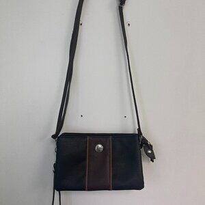 Stone Mountain Handbag Bonded Leather Trifecta Black and Brown Crossbody Strap